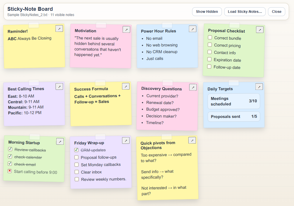 CallSparq Sticky-Note Board with reminders, checklists, goals, and sales prompts